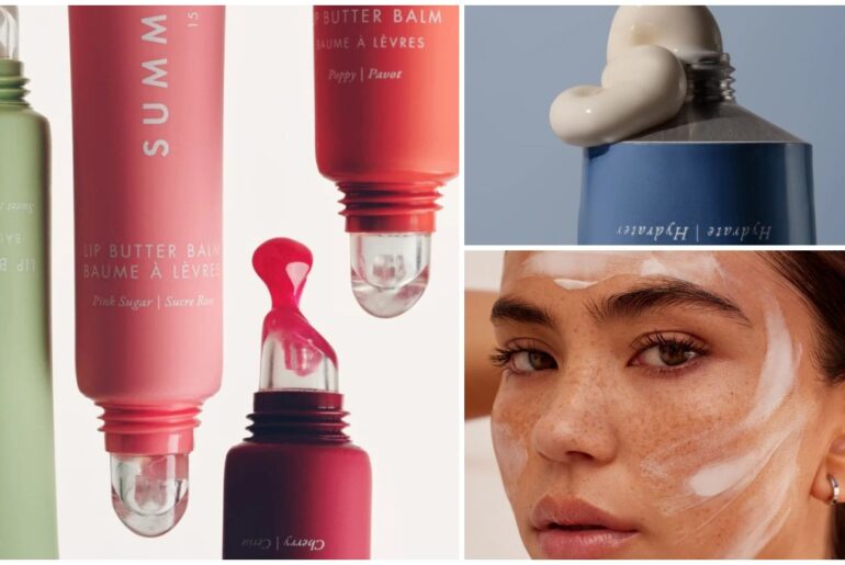 collage of summer friday lip butter balm tubes with jet lag mask bottle squeezed and model with moisturizer swatches with white border