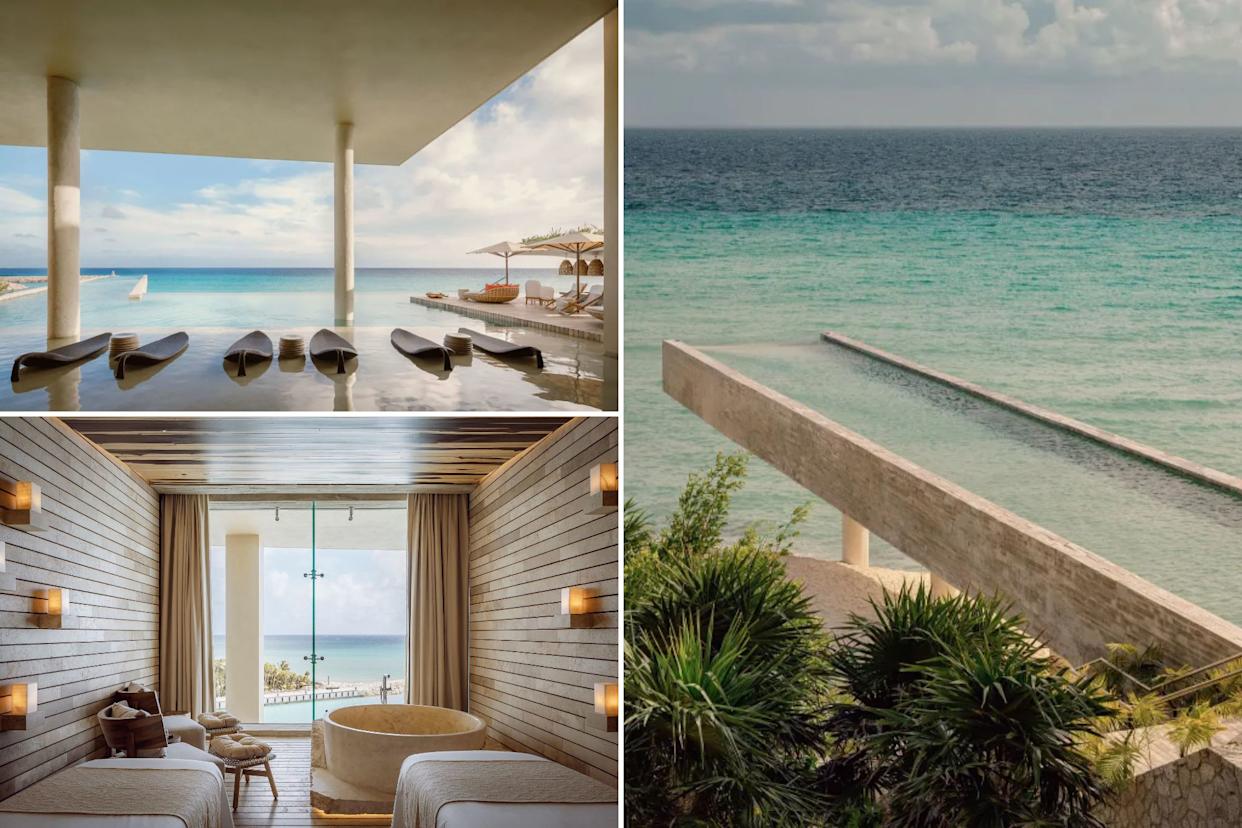 An image collage containing 3 images, Image 1 shows An infinity pool at La Casa de La Playa in Mexico, with lounge chairs in the water and a deck with umbrellas and seating overlooking the ocean, Image 2 shows A serene spa room at La Casa de La Playa in Mexico with ocean views, Image 3 shows Infinity pools at La Casa de La Playa overlooking the ocean
