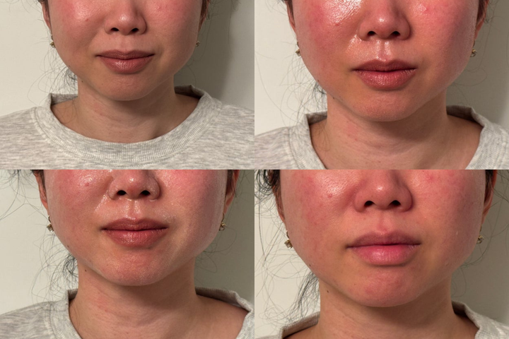 From left to right: The author with makeup on, after massaging on the cleansing oil, adding water to the oil, and with a clean face after washing it off.