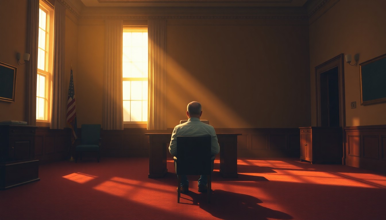 A cinematic painting of a lone figure seated in a dimly lit government office, the room bathed in warm, diagonal sunlight and deep shadows, conveying a sense of political uncertainty and introspection.