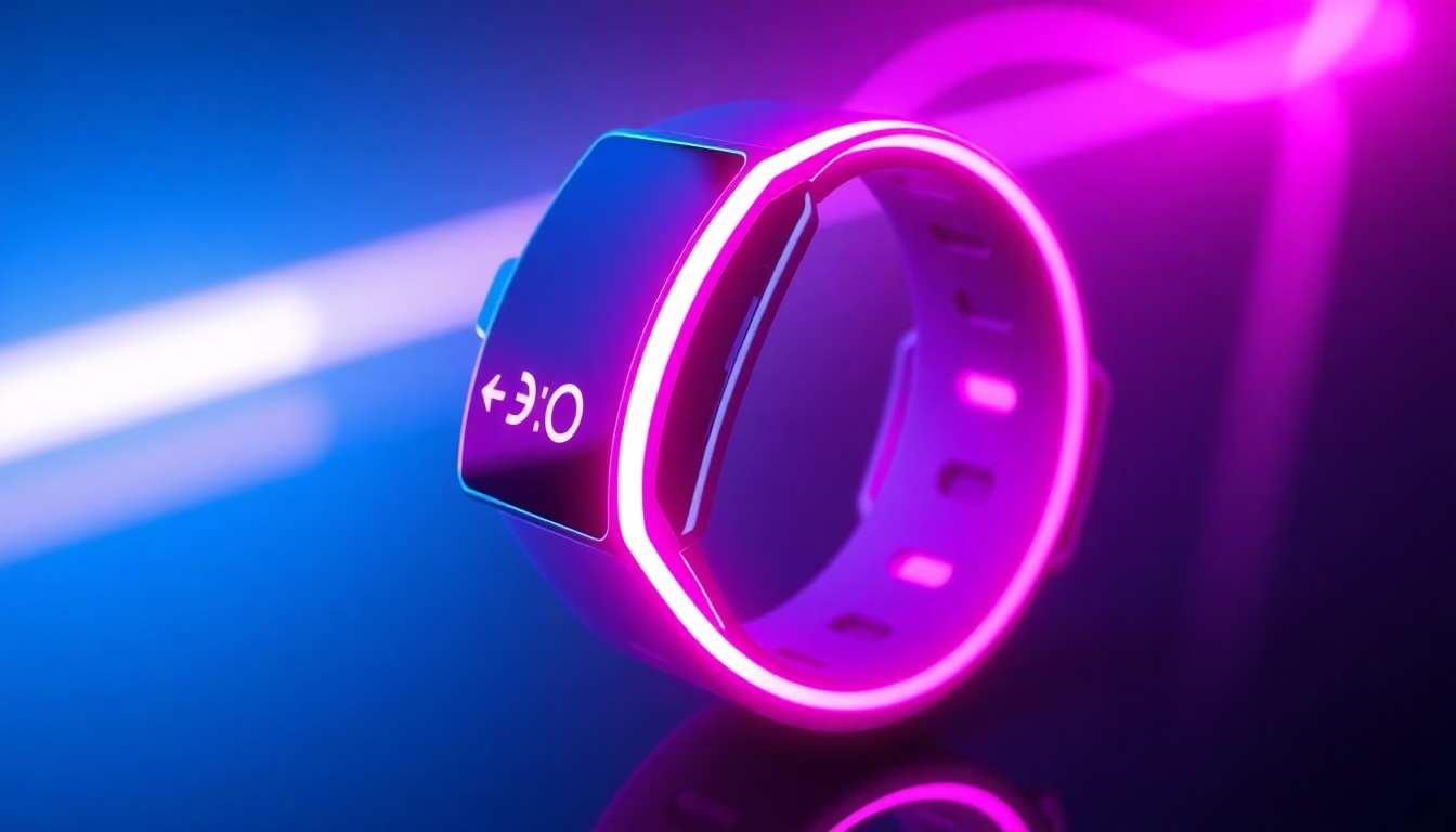 A highly detailed, glowing 3D illustration of a futuristic fitness tracker device with pulsing neon cyan and magenta lights, conceptually representing the advanced technology powering Whoop's wearable products.
