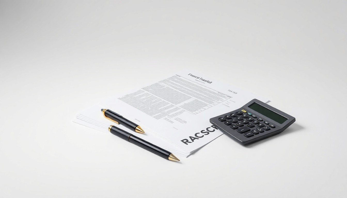 A minimalist, high-end studio still life photograph featuring a stack of financial documents, a pen, and a calculator arranged on a clean, white background, conceptually representing the importance of professional standards and oversight in the financial planning industry.