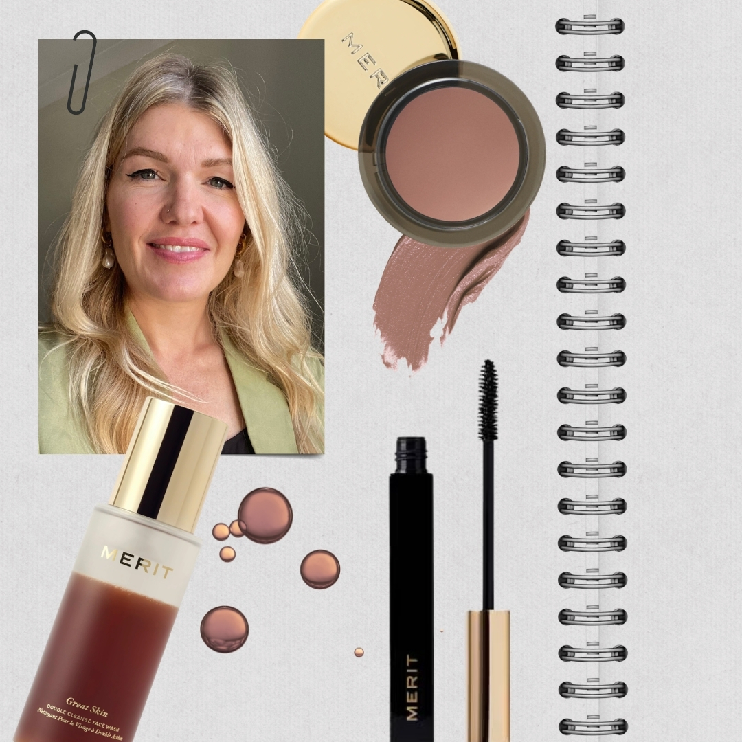 A picture of Digital Beauty Editor, Fiona McKim, on a grey notebook page background, surrounded by Merit Beauty products and formula swatches