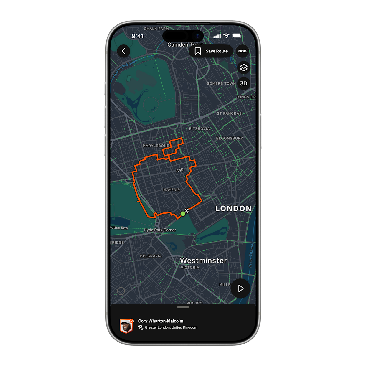 Apple Fitness Plus trainer Cory Wharton-Malcolm ran a five-mile route through central London, which resulted in an Apple logo on his Strava map.
