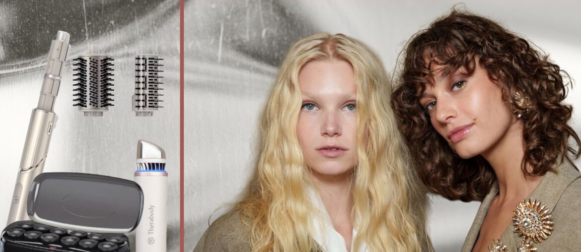 two models with glowing skin and hair on a silver background with three beauty tools next to them