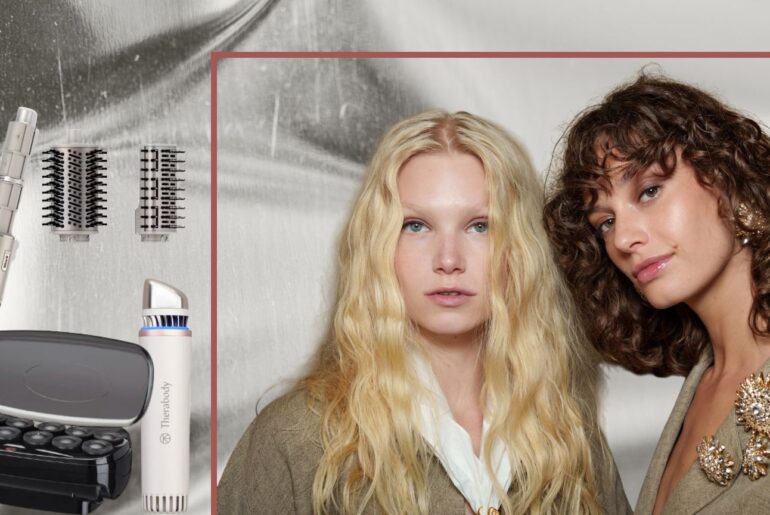 two models with glowing skin and hair on a silver background with three beauty tools next to them