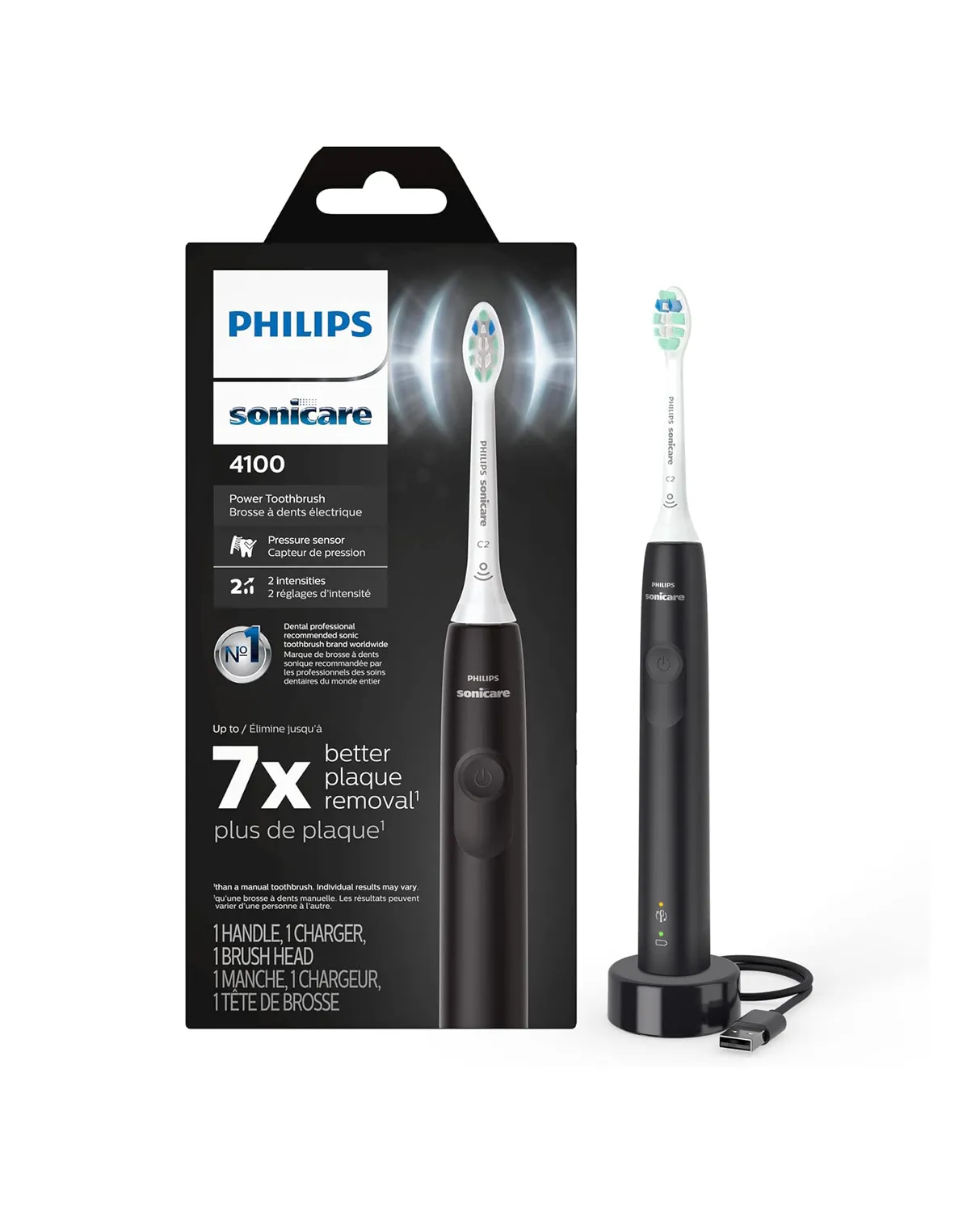 Philips Sonicare, Philips Sonicare 4100 Series Electric Toothbrush - Sonic Toothbrush With Advanced Sonic Technology, Pressure Sensor, Two Intensity Settings, Smartimer & Quadpacer, Black, Model Hx3681/24