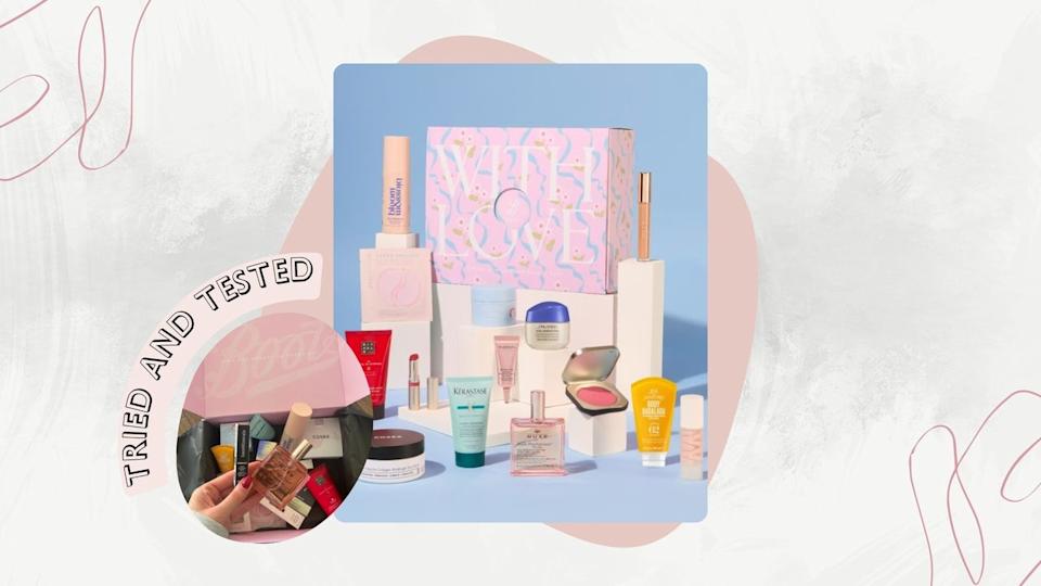  Image of the Boots Easter Beauty Box on a white marble background with a circular photo of Sennen unboxing the contents, a pink 'tried and tested' banner and pink motifs and swirls. 