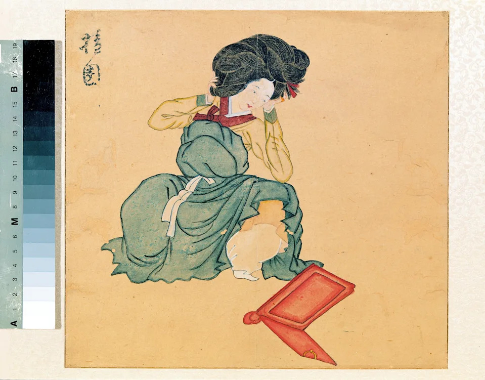 "Woman Doing Her Hair," attributed to Kim Hongdo