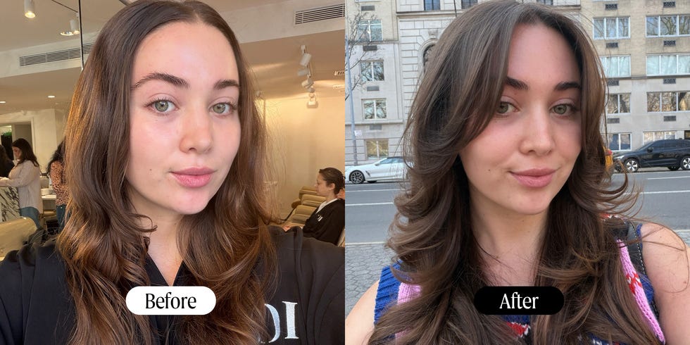 comparison of a persons hairstyle before and after styling