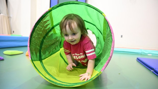 Two-year-old Daphne Turner of Joppatowne crawls through a tube while playing at the My Gym Bel Air station at the Spring Into Wellness Fair, organized by Macaroni Kid Bel Air, at Harford Day School on Saturday. (Brian Krista/Staff)