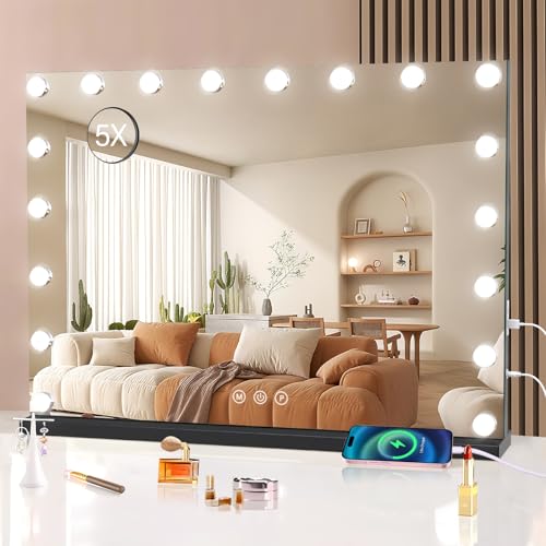 Halumao Vanity Mirror With Lights, 31.5" X 23.6" Large Makeup Mirror With Led Lights, Smart Touch Dimmable 3-Color Light, Memory Function, Usb Charging Port Black