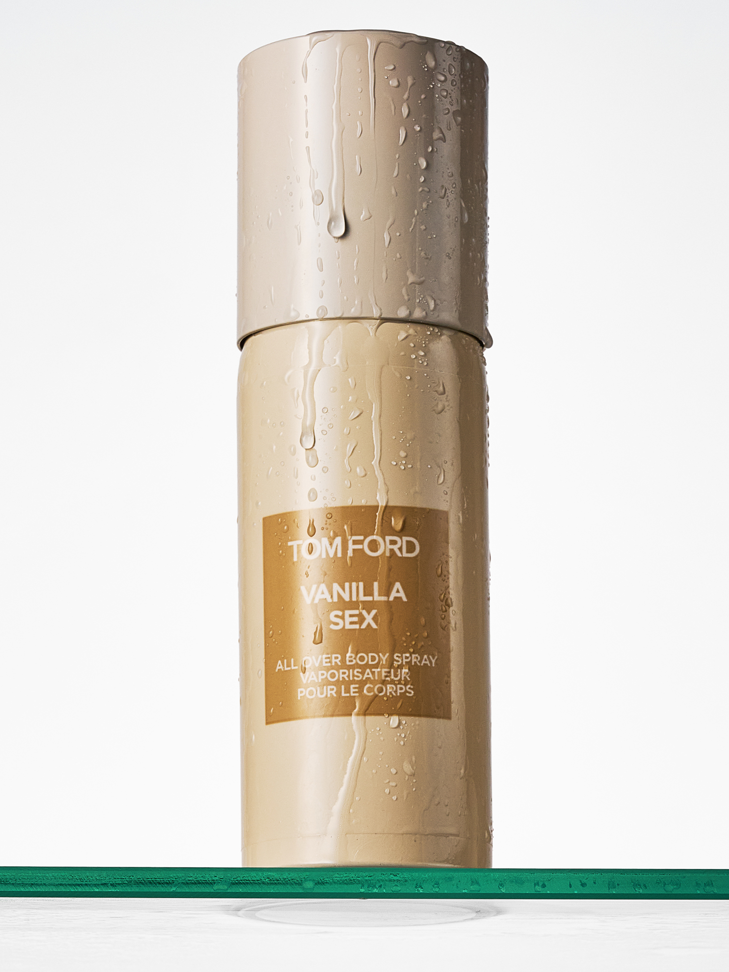 A picture of the Tom Ford Vanilla Sex Body Spray on a shower shelf