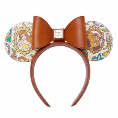 Exclusive Beauty and the Beast ear headband with brown ears, bold bow, and detailed artwork—perfect for Disney Parks fans.