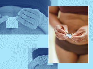 Woman applying estrogen patch