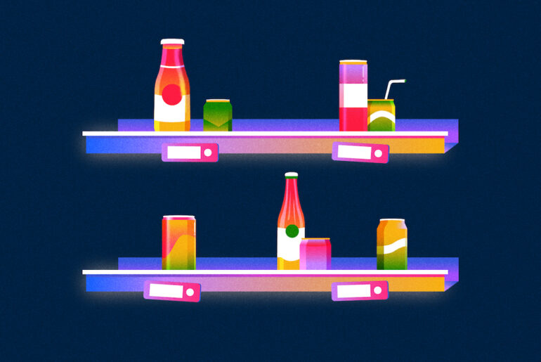 Pink-purple shelves with soda cans and glass bottles of various colors on a dark blue background