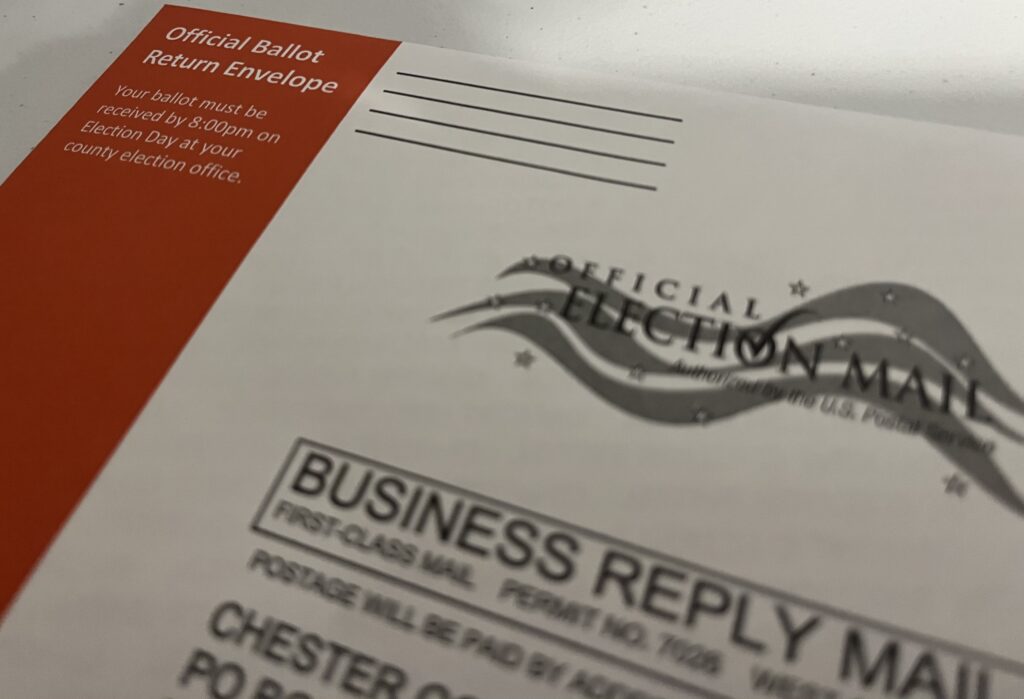 A Pennsylvania vote-by-mail ballot envelope (Photo by Peter Hall/Pennsylvania Capital-Star)