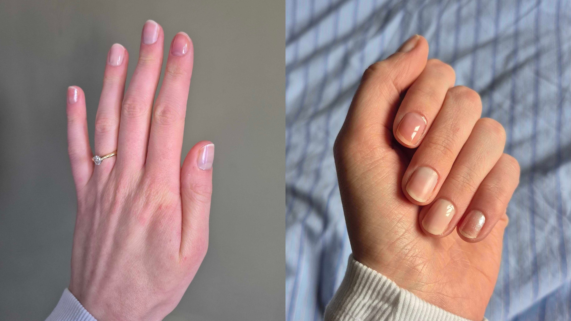 Two close-up pictures of Digital Beauty Writer, Naomi Jamieson's hand with a different Manucurist Active Polish applied to each nail. In the left image and left to right on Naomi's nails, you can see Active Shine, Active Smooth, Active Blur, Active Glow, and Active Bright applied.