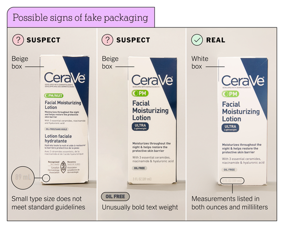 A chart illustrating the possible signs of fake packaging between three different boxes containing CeraVe Facial Moisturizing Lotion.