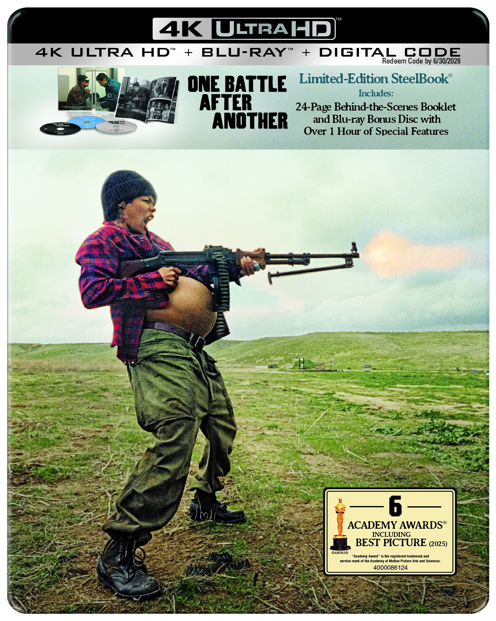 A person in a plaid shirt and helmet fires a machine gun outdoors; this is the cover of a 4K Ultra HD movie edition with award and bonus feature details.