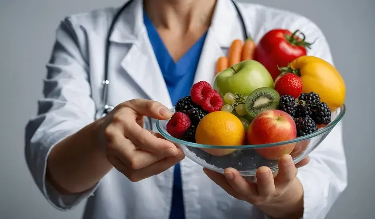 Doctor holding a bowl of assorted fruit.