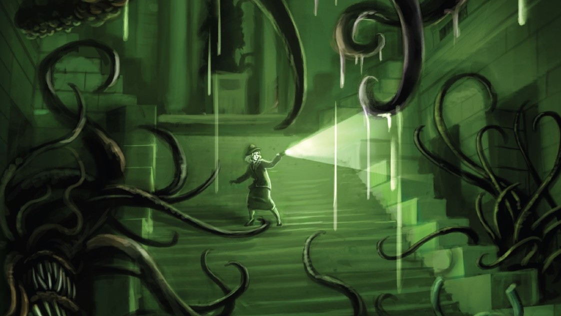 A woman investigating with a torch while monsters with tentacles squirm out of the shadows in Trail of Cthulhu.