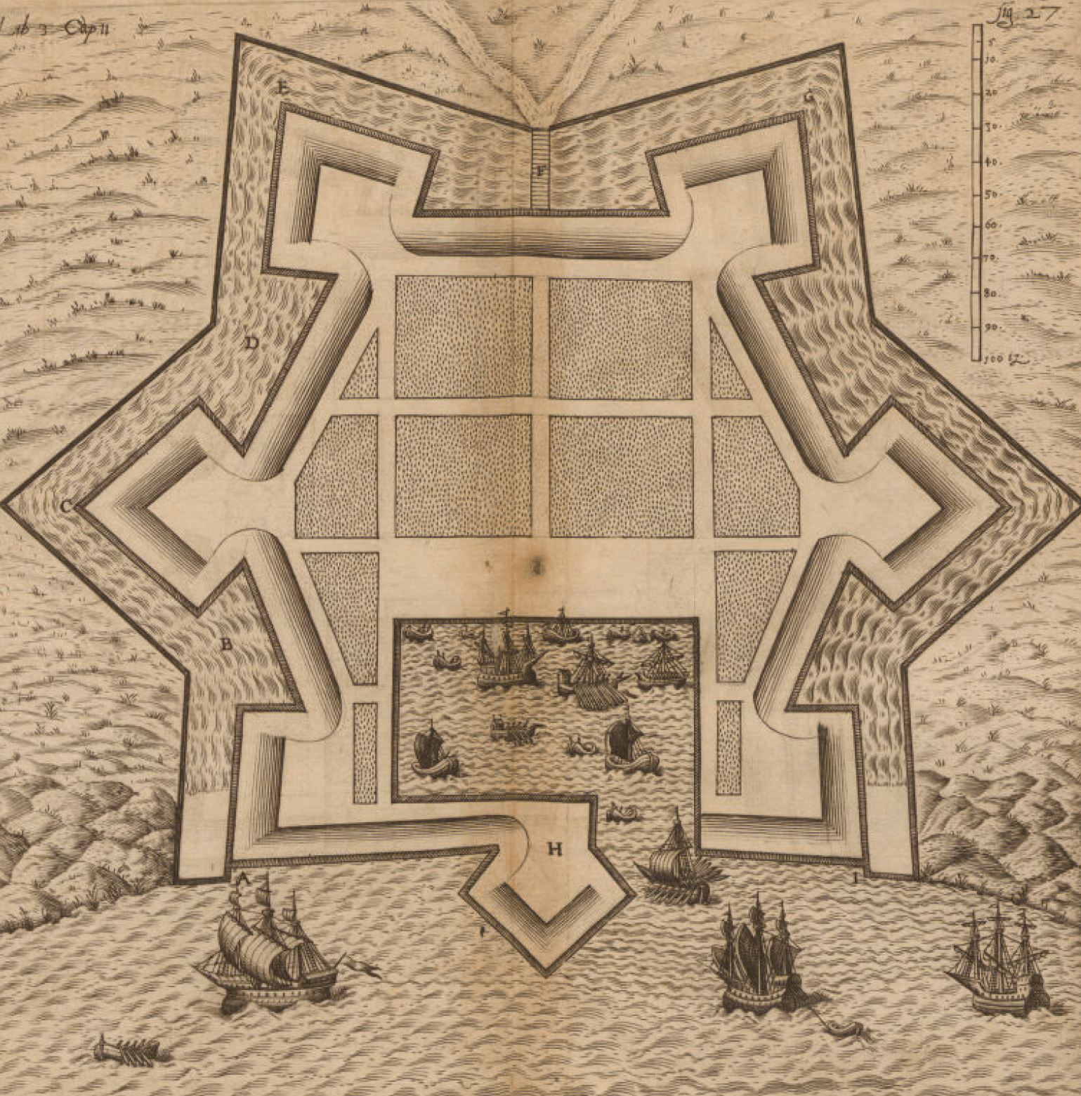A historical map illustration shows a star-shaped coastal fort with geometric walls, surrounded by water and several sailing ships offshore.