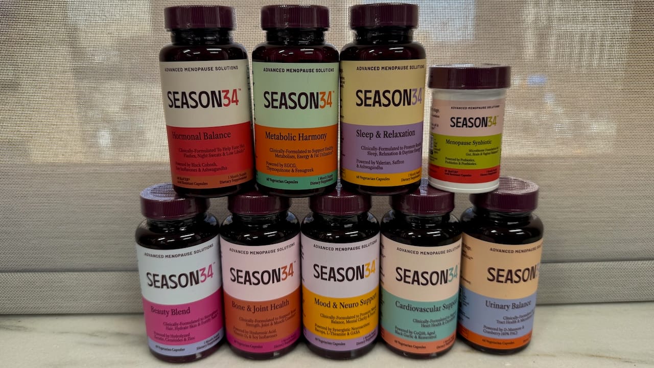 Season34 dietary supplements bottles for menopause and women’s health Season34 dietary supplements bottles for menopause and women’s health