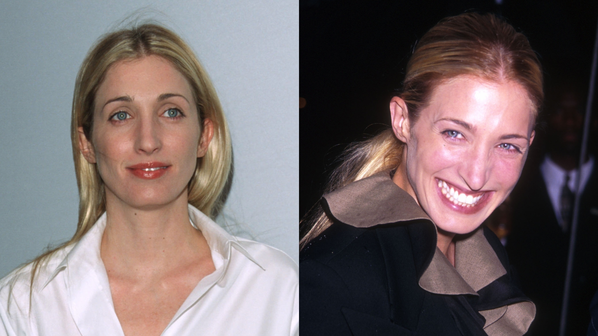 On the left, Carolyn Bessette-Kennedy smiling with long blonde hair and wearing a white shirt and coral lipstick, and on the right, image of Carolyn Bessette-Kennedy smiling with blonde low ponytail and wearing a black and brown ruffled dress