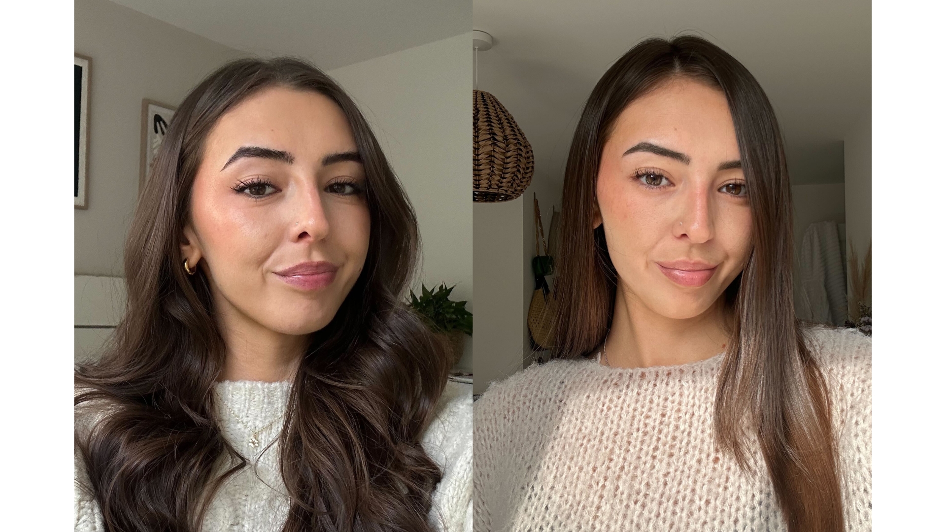 On the left is a picture of Digital Beauty Shopping Writer, Sennen Prickett seen with a middle parting and wavy hair and on the right is a picture of Sennen with straight hair and side-parting.