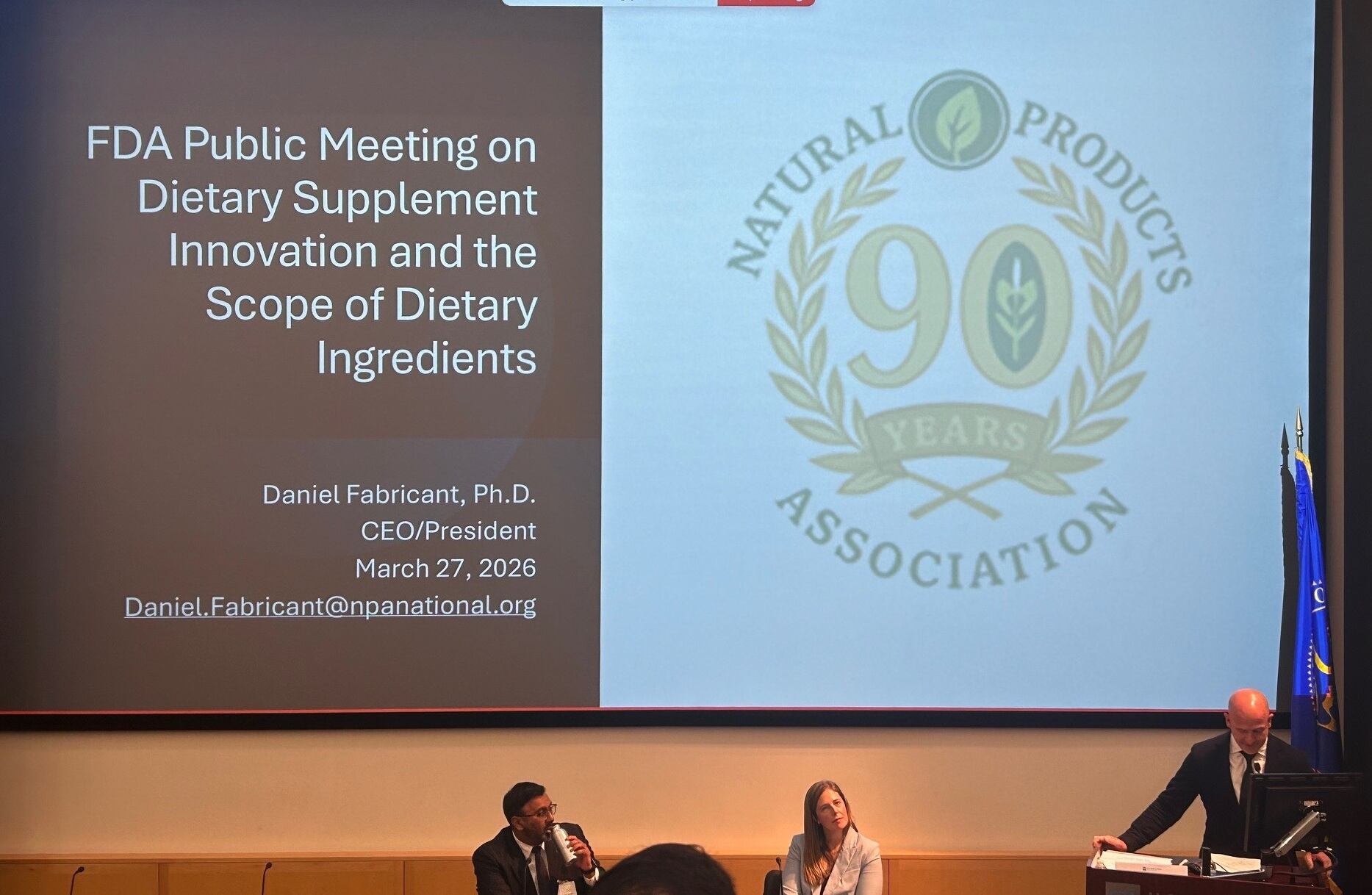 Dr. Daniel Fabricant, president and CEO of the Natural Products Association (NPA) at the podium delivering remarks during the FDA's public meeting on March 27, 2026