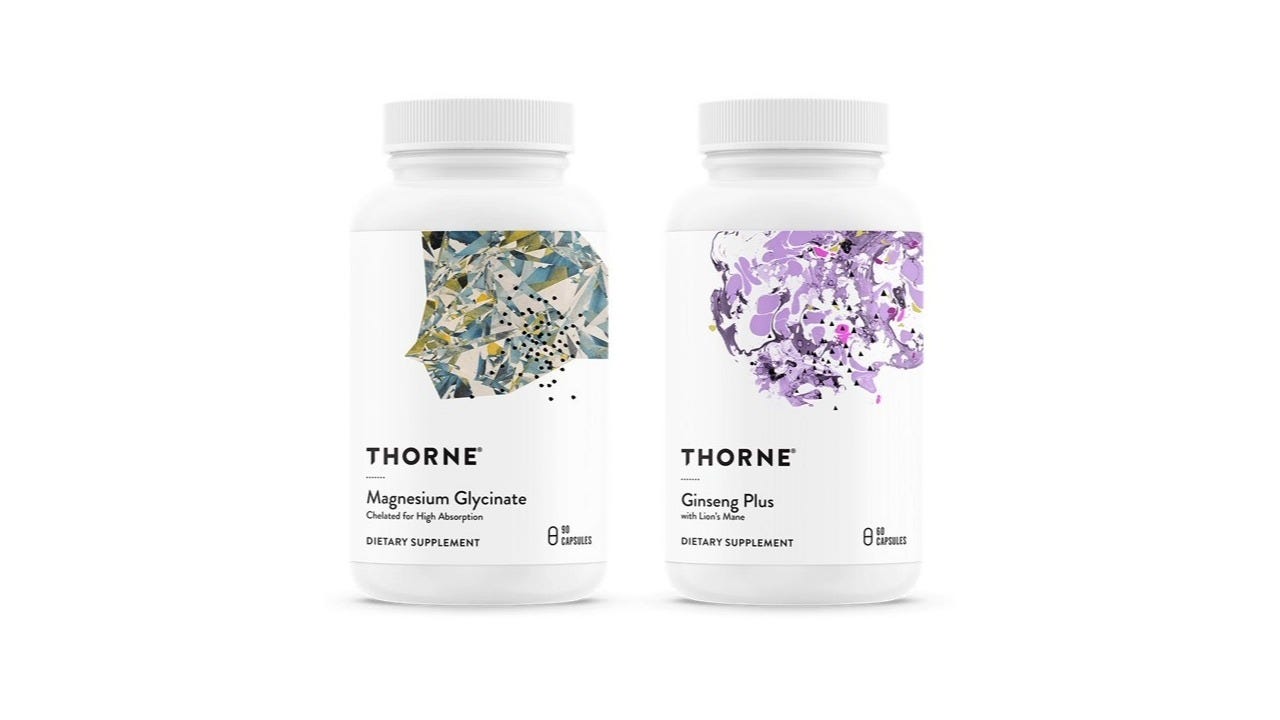 Thorne magnesium glycinate and ginseng plus dietary supplement bottles