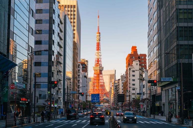 Image may contain: Architecture, Building, Tower, Car, Transportation, Vehicle, Landmark, Tokyo Tower, and Light