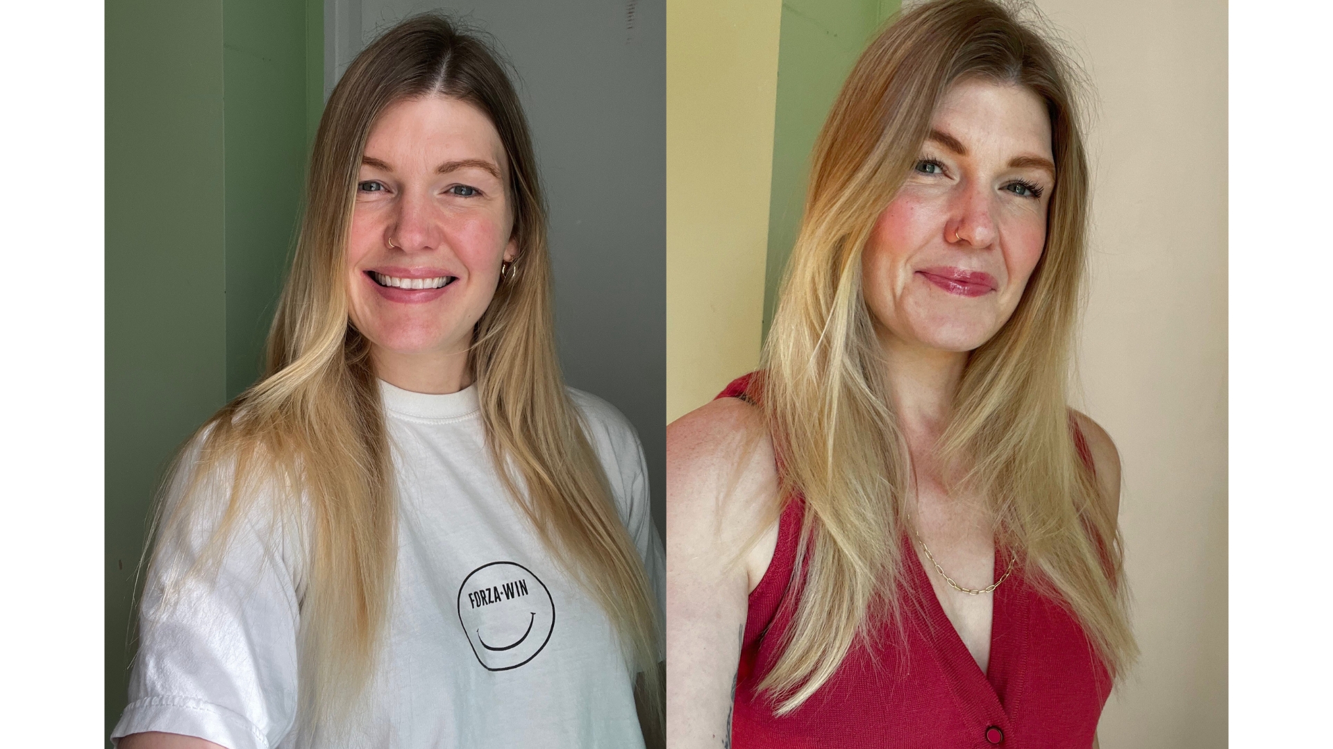 On the left is a picture of Digital Beauty Editor, Fiona McKim, seen with her long blonde hair before her appointment and on the right, is a picture of Fiona's hair after her invisible 'Dusting' haircut