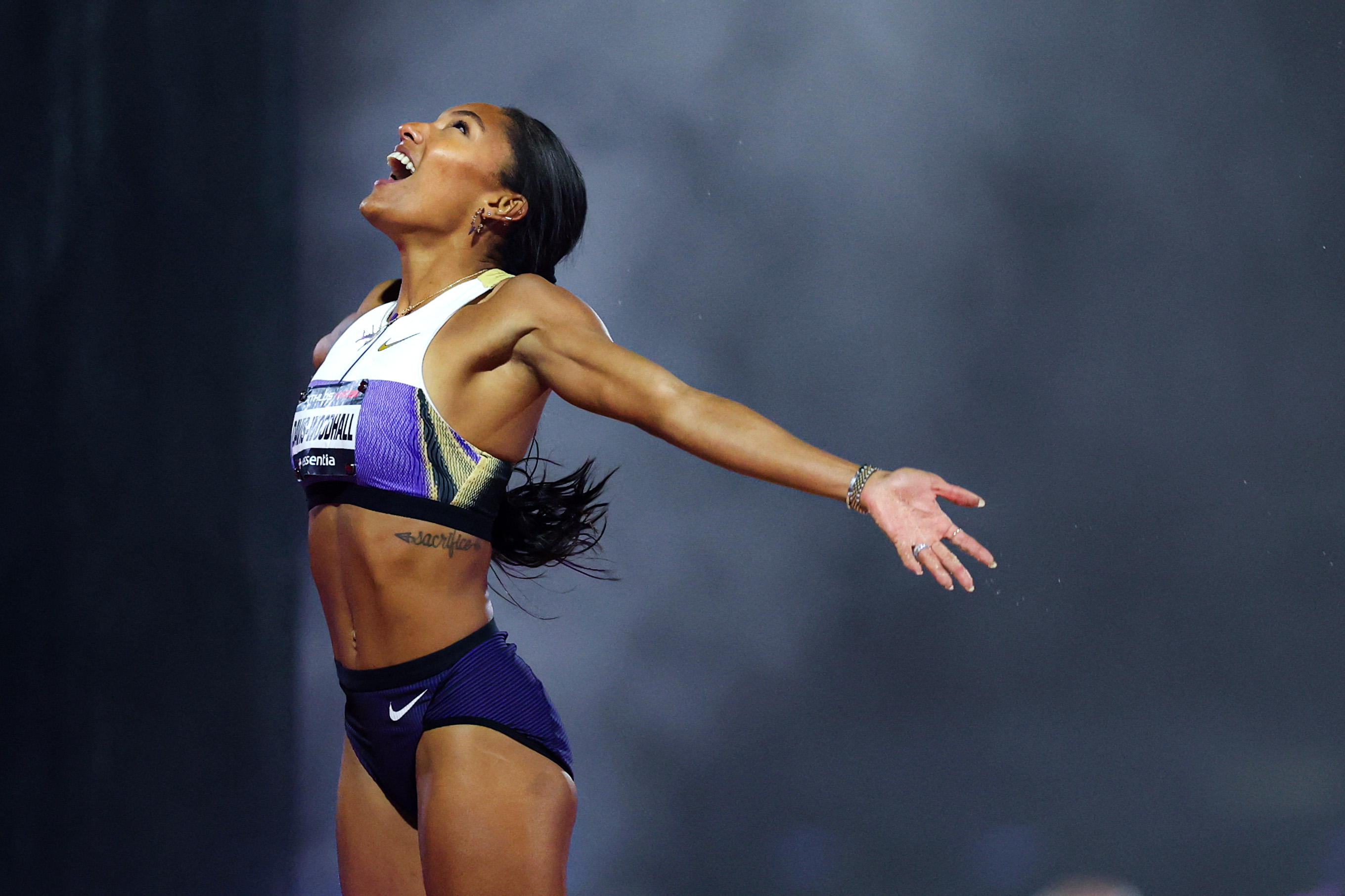Tara Davis-Woodhall of the United States reacts after competing in the final round of the long jump during ATHLOS NYC25 on October 10, 2025 at Icahn Stadium on Randall's Island in New York City.