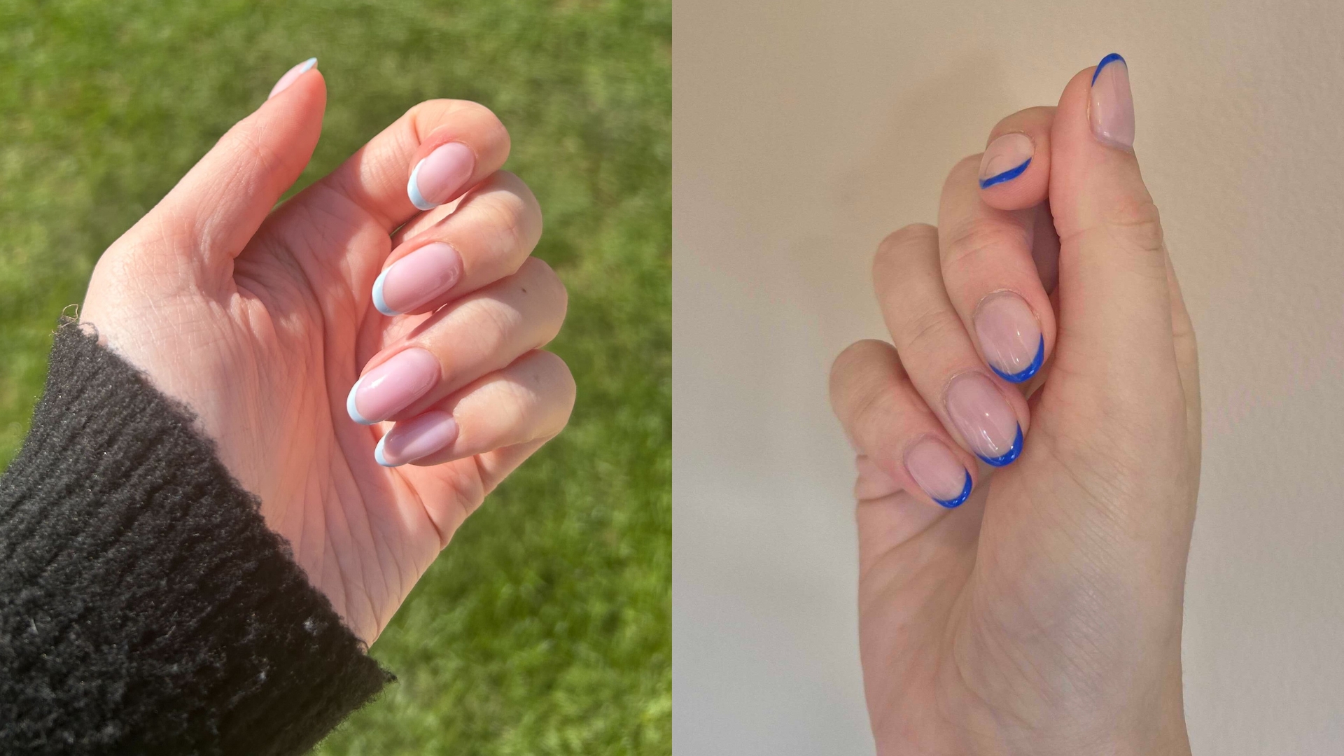 On the left is a close-up of Digital Beauty Writer, Sennen Prickett's hand with light blue French tip almond nails, pictured in front of a grassy background. And on the right, is a close-up of Digital Beauty Writer, Naomi Jamieson's hand, which features a cobalt blue French tip manicure, pictured in front of a cream wall.