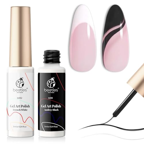 Beetles Gel Polish Nail Art Liner Gel Polish Set- 2 Popular Black White Colors Nail Polish Gel Paint for Swirl Nails Built Thin Nails Art Brush in Gel Pens Uv Soak Off Gifts for Women