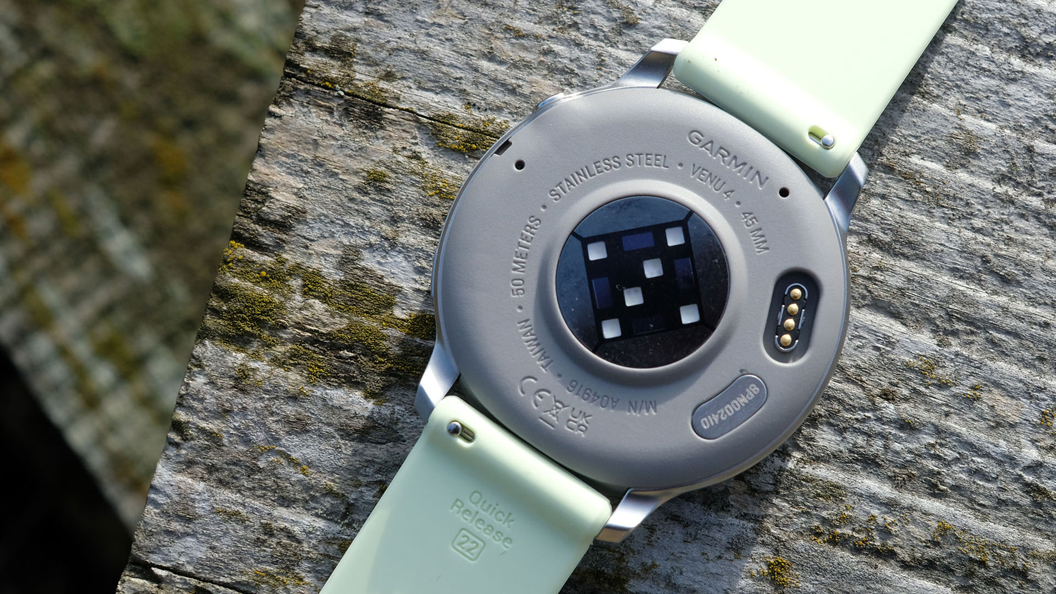 a close-up picture of the heart rate sensor in the Garmin Venu 4 smartwatch
