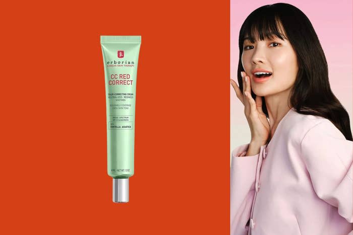 Erborian CC Red Correct cream next to a model with long dark hair wearing a light-colored top, touching her face with a smile