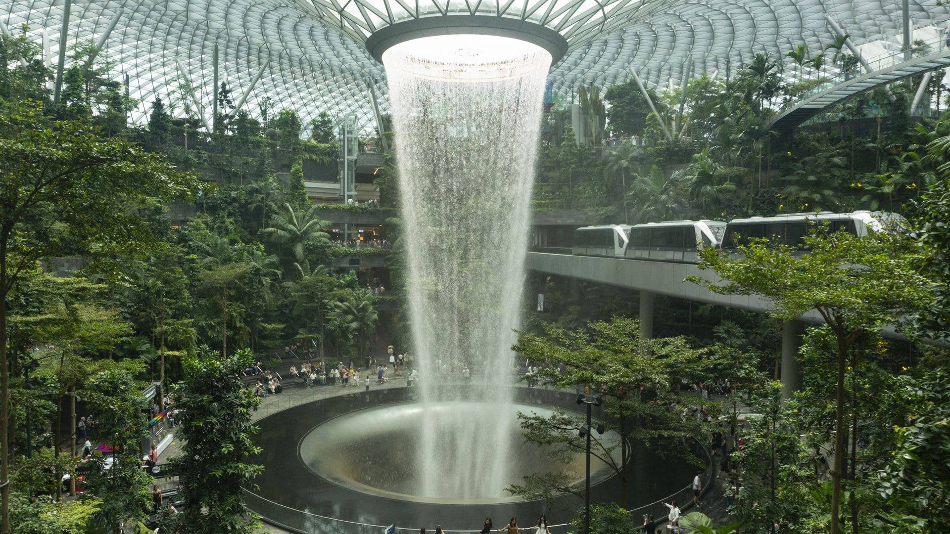The Rain Vortex is the world's tallest indoor waterfall at the Jewel complex at Changi Airport in Singapore
