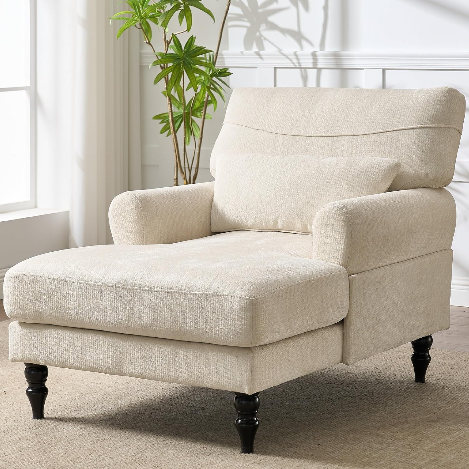 KEIKI, Keiki Chaise Lounge Chair Indoor, Modern Leisure Sleeper Sofa Chair W/double Deep Cushion, Accent Upholstered Reading Side Armchair, Recliner Arm Chairs for Living Room & Bedroom, Easy Assembly, White