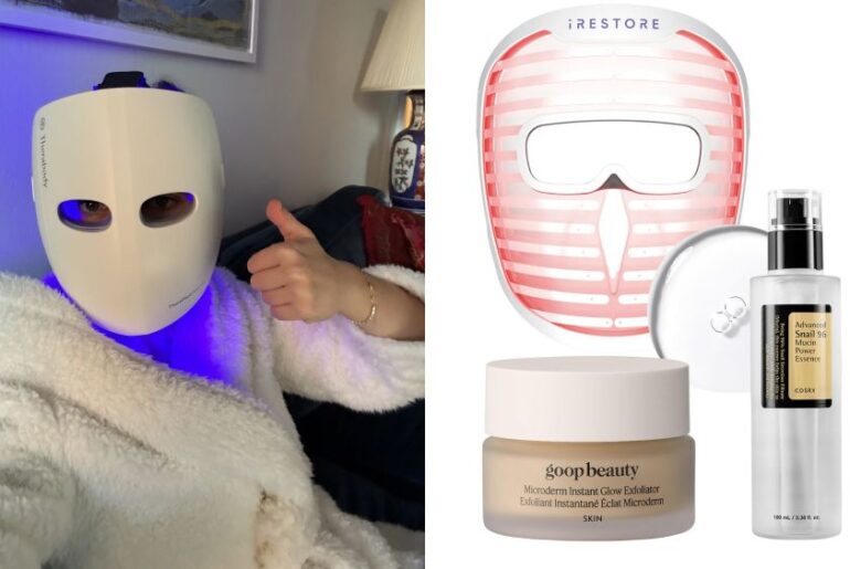 author wearing an LED face mask and a fuzzy white robe; selection of on-sale premium beauty products, including a goop cream and a snail mucin serum, for amazon's big spring sale