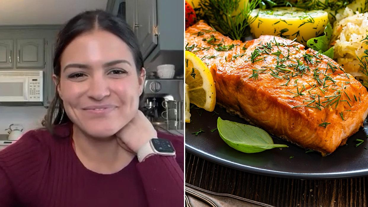 Registered dietitian Steph Grasso, left, is pictured opposite a plate of cooked salmon.