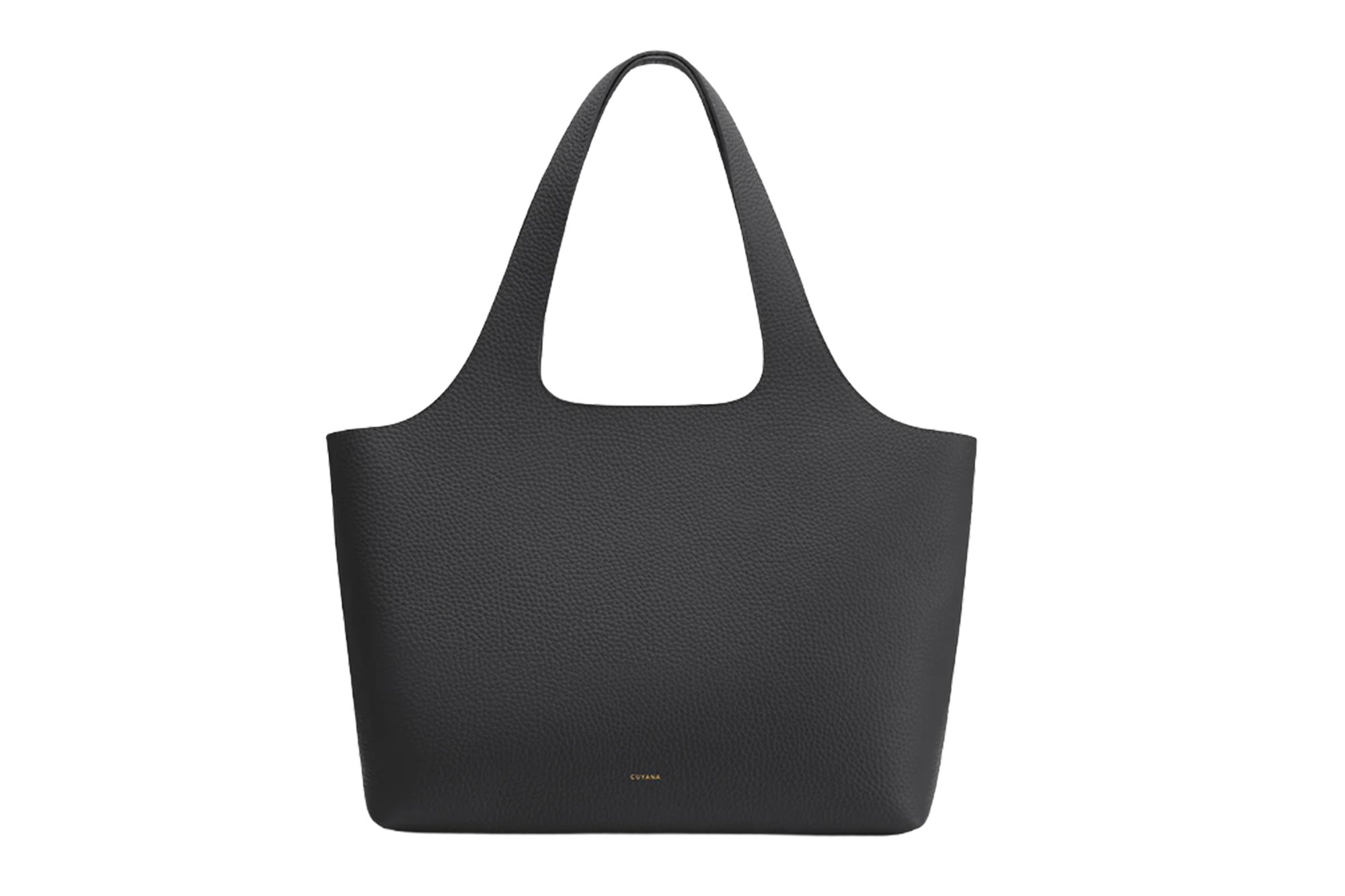 Black pebbled leather tote bag with a small "CUYANA" logo at the bottom center.