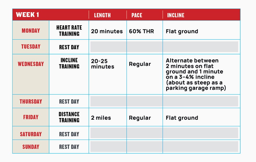 Weekly training schedule for fitness activities.