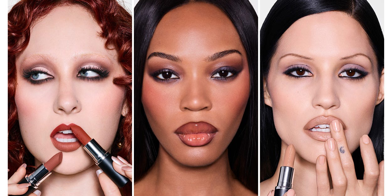 Promotional image featuring three models with makeup products.