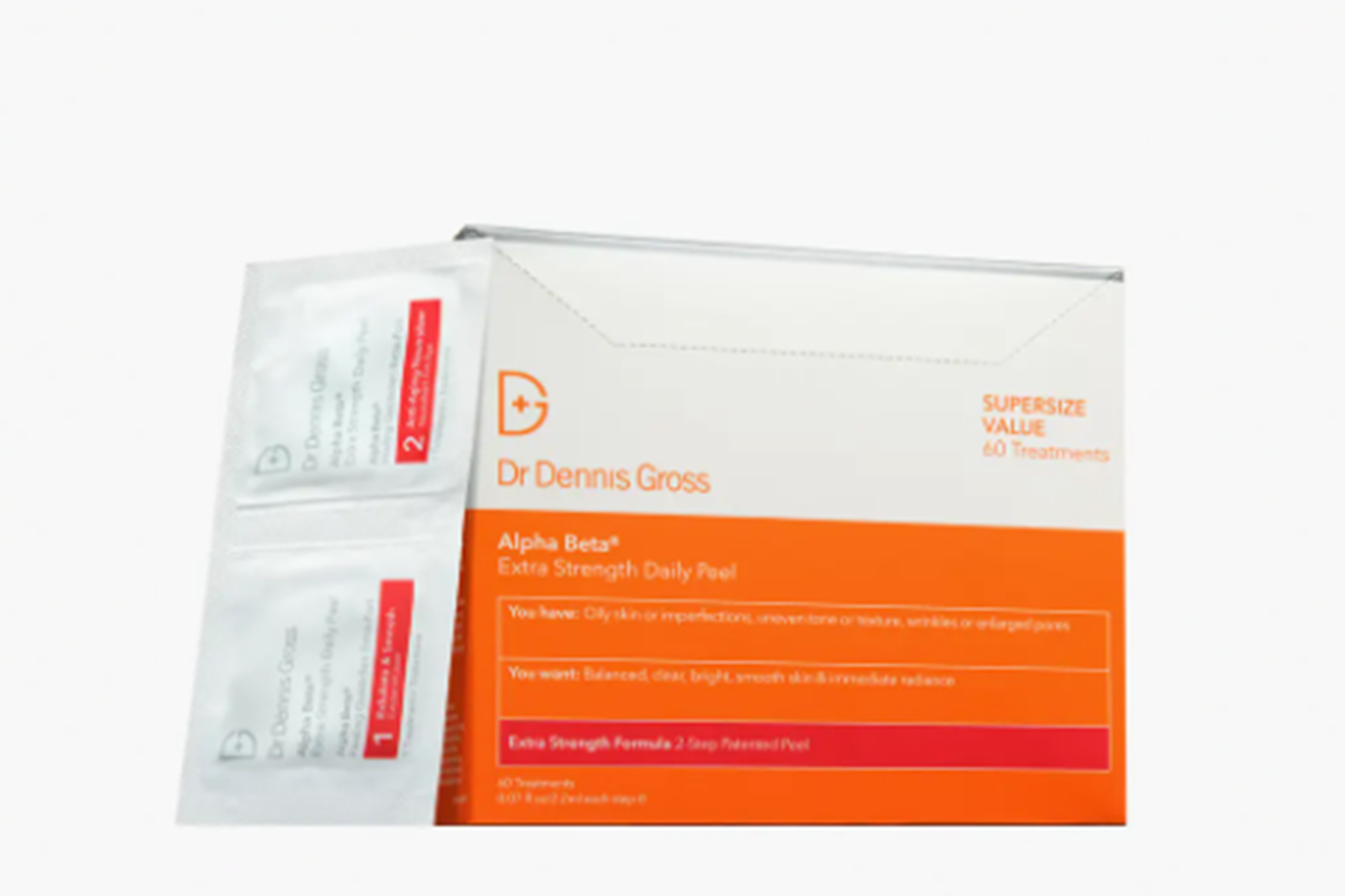 Dr. Dennis Gross Alpha Beta Extra Strength Daily Peel box and two individual peel packets.