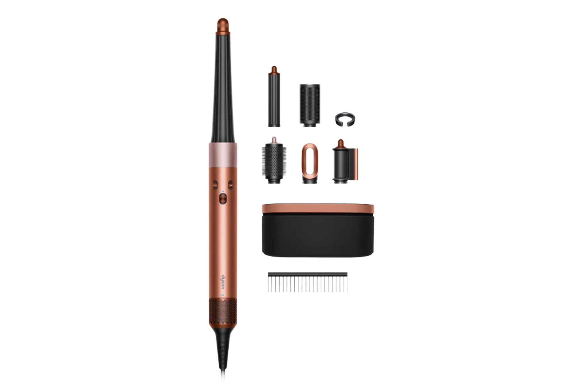 Dyson Airwrap styler with multiple attachments, case, and comb.