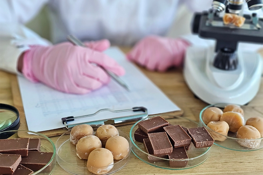 Food scientist reducing sugar in confectionery snacks.