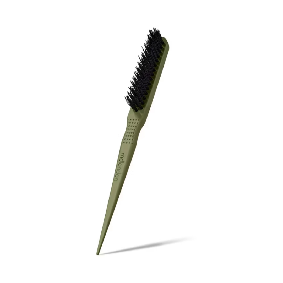 A product shot of the mdlondon tease hairbrush in olive green, on a white background